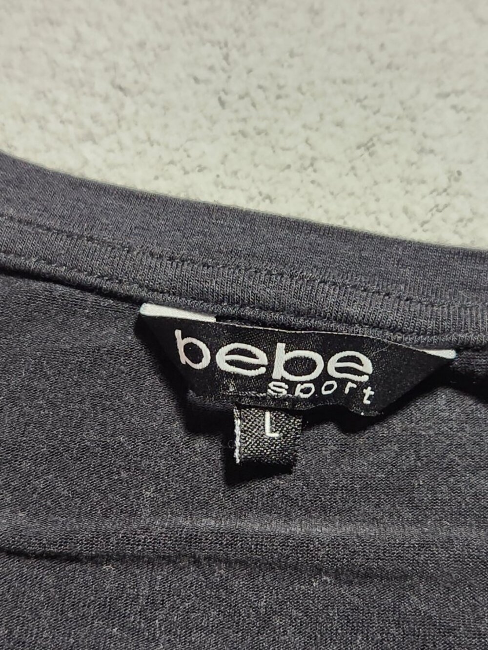 Bebe Sport Black T-Shirt Size L Rhinestone Logo Silver Ruched Side Tee Y2K Glam - Picture 8 of 9